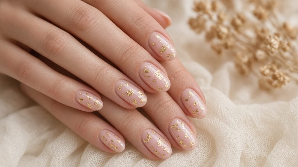 Sheer Blush with Gold Leaf - bridal nail designs