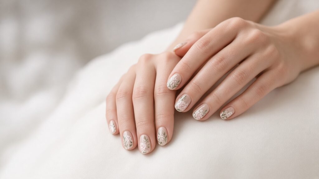 Soft Floral Hand-Painted Nails - bridal nail designs