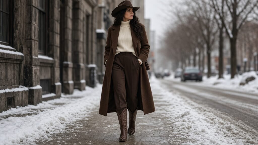 Western Boots and a Long Coat - winter boots outfits
