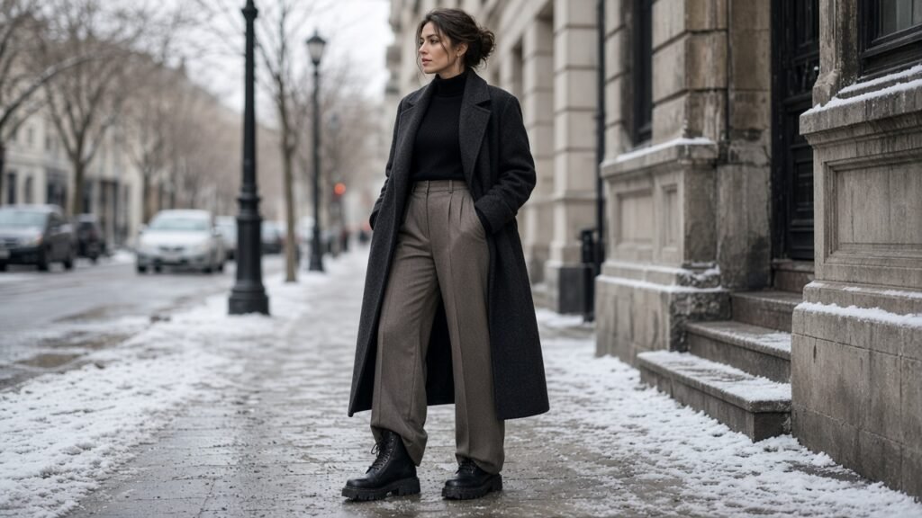 Lug Sole Boots and Wide Leg Pants - winter boots outfits