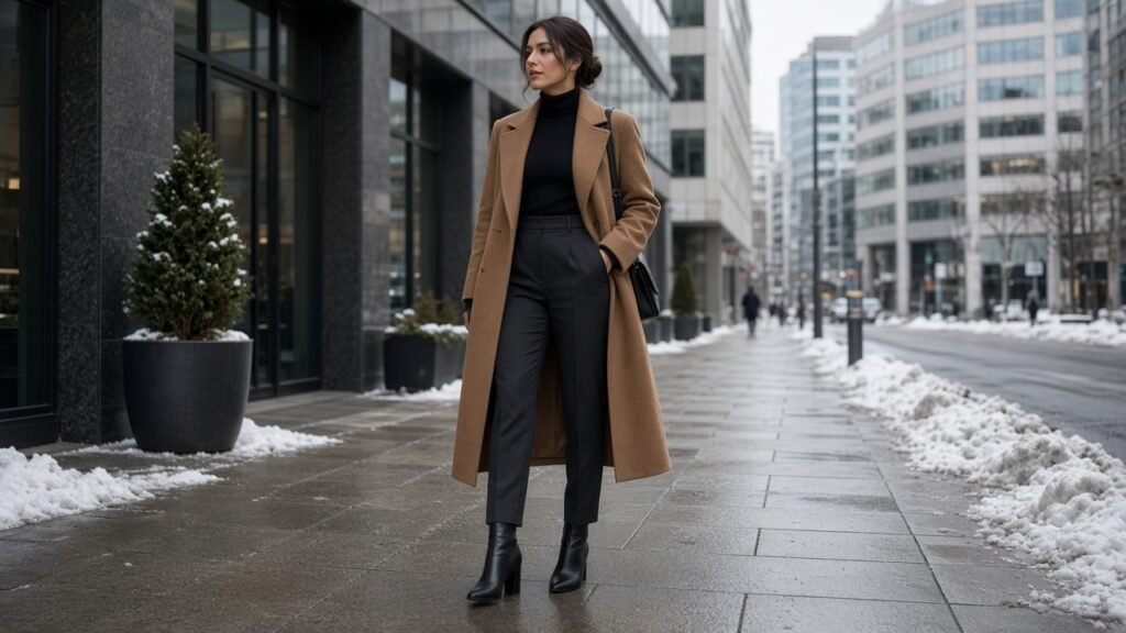 Heeled Ankle Boots and Work Pants - winter boots outfits