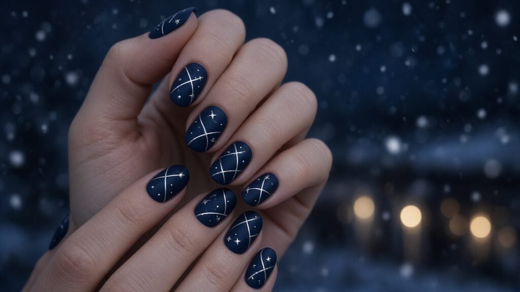 Matte Navy Winter Nail Designs with Silver