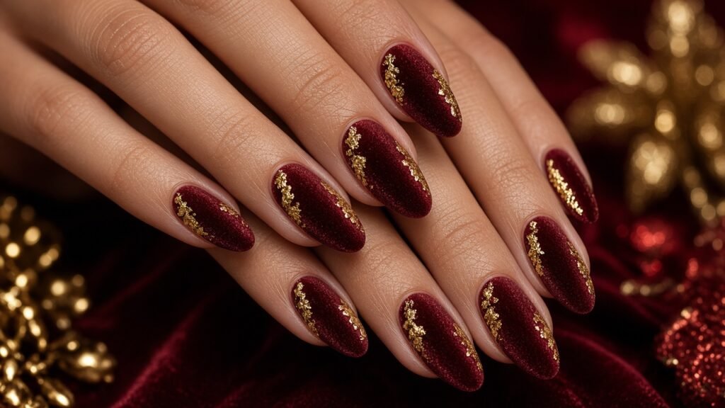 Red Velvet with Gold Foil - winter nail designs